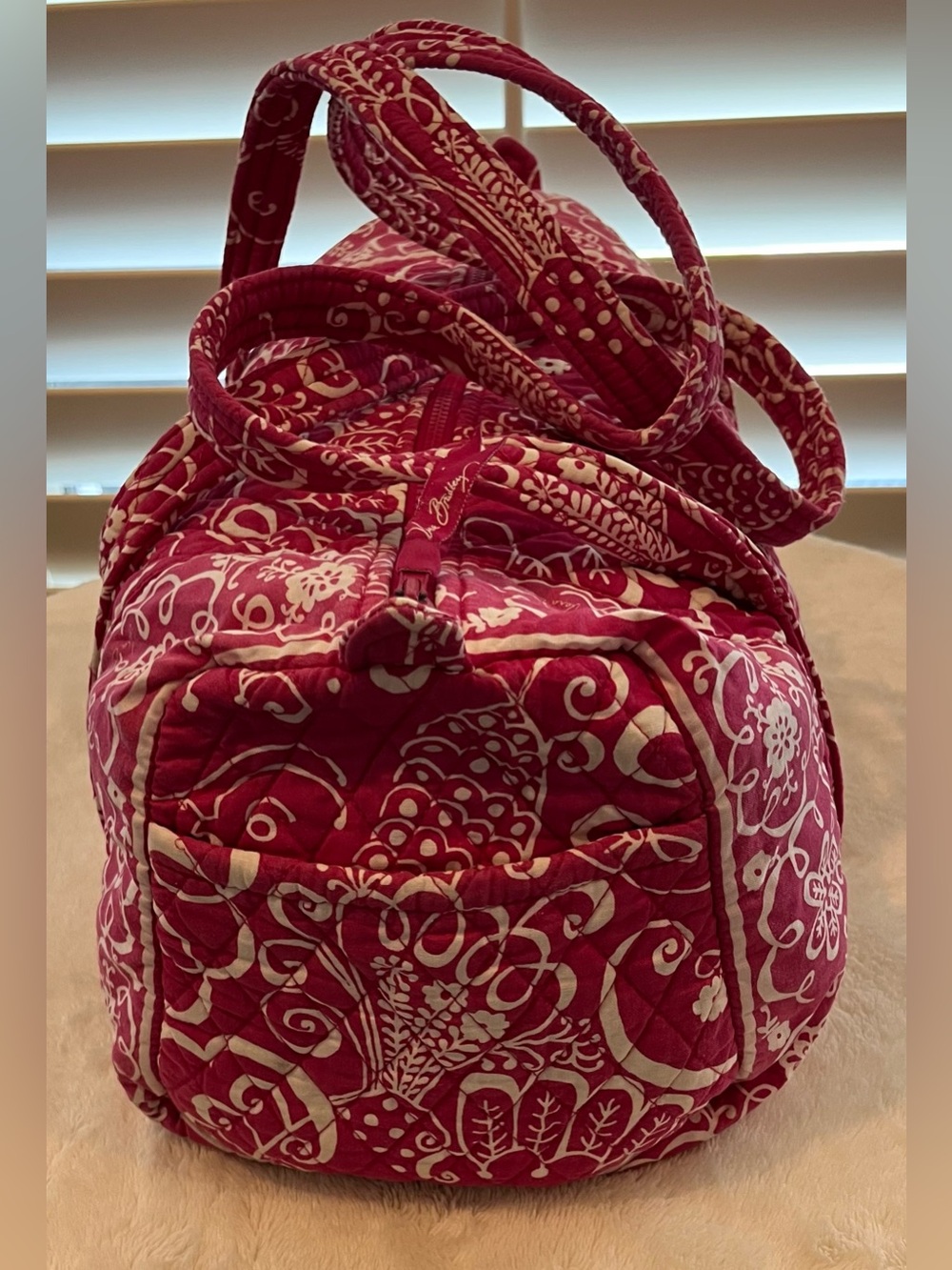 Vera Bradley RETIRED Twirly Birds Pink White Quilted Travel Duffel Bag Medium - Picture 6 of 11